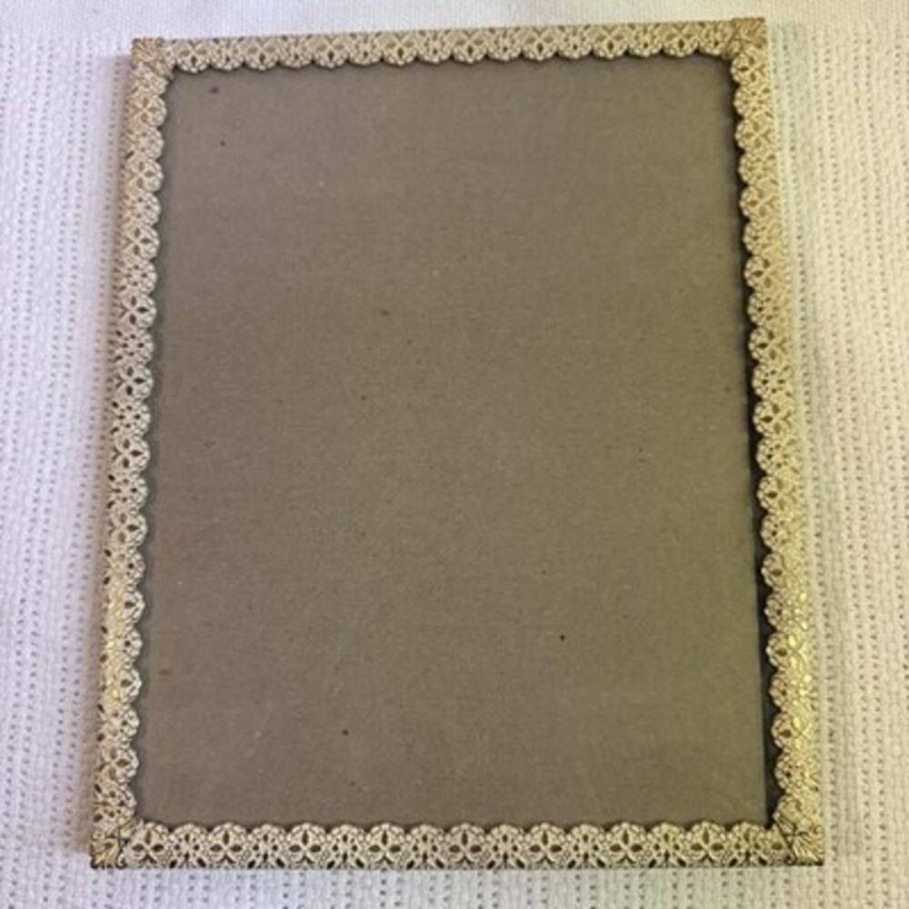 Vtg 50s Picture Frame White Gold Ornate Metal Floral Hammered 10”x8” Photo 9”x7”
